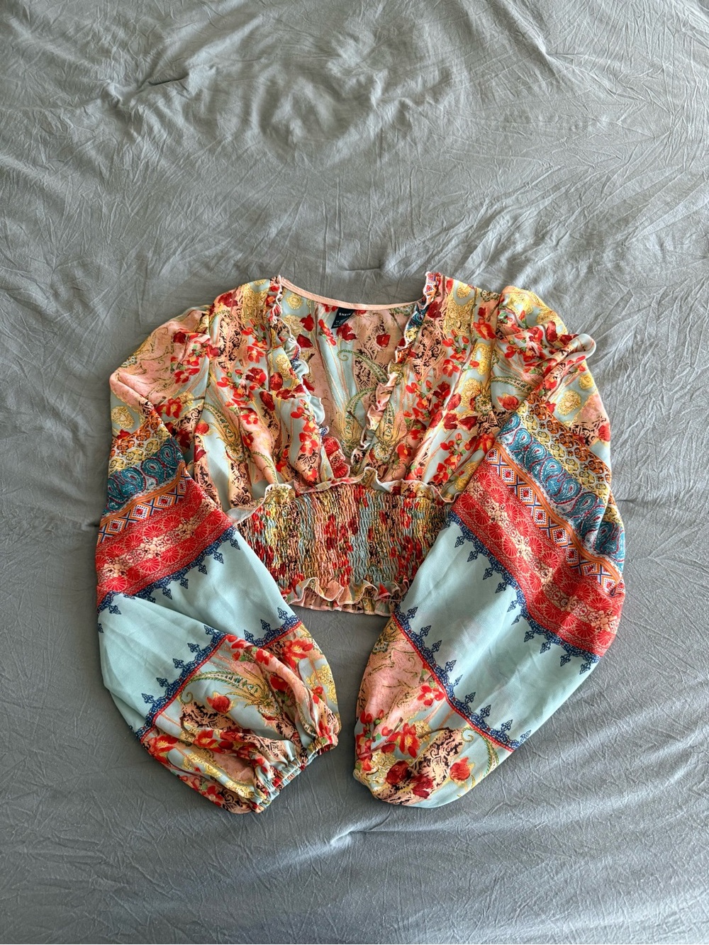SHEIN Multi-Color Boho Floral Smocked Crop Top